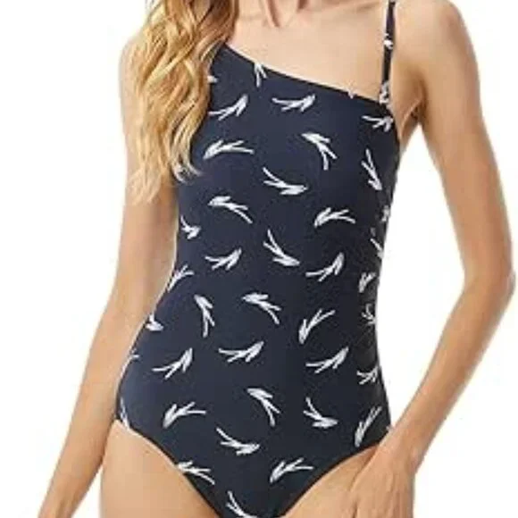 NWT! Michael Kors New Navy Feather Logo One Shoulder One Piece Swimsuit NEW! - Picture 2 of 3